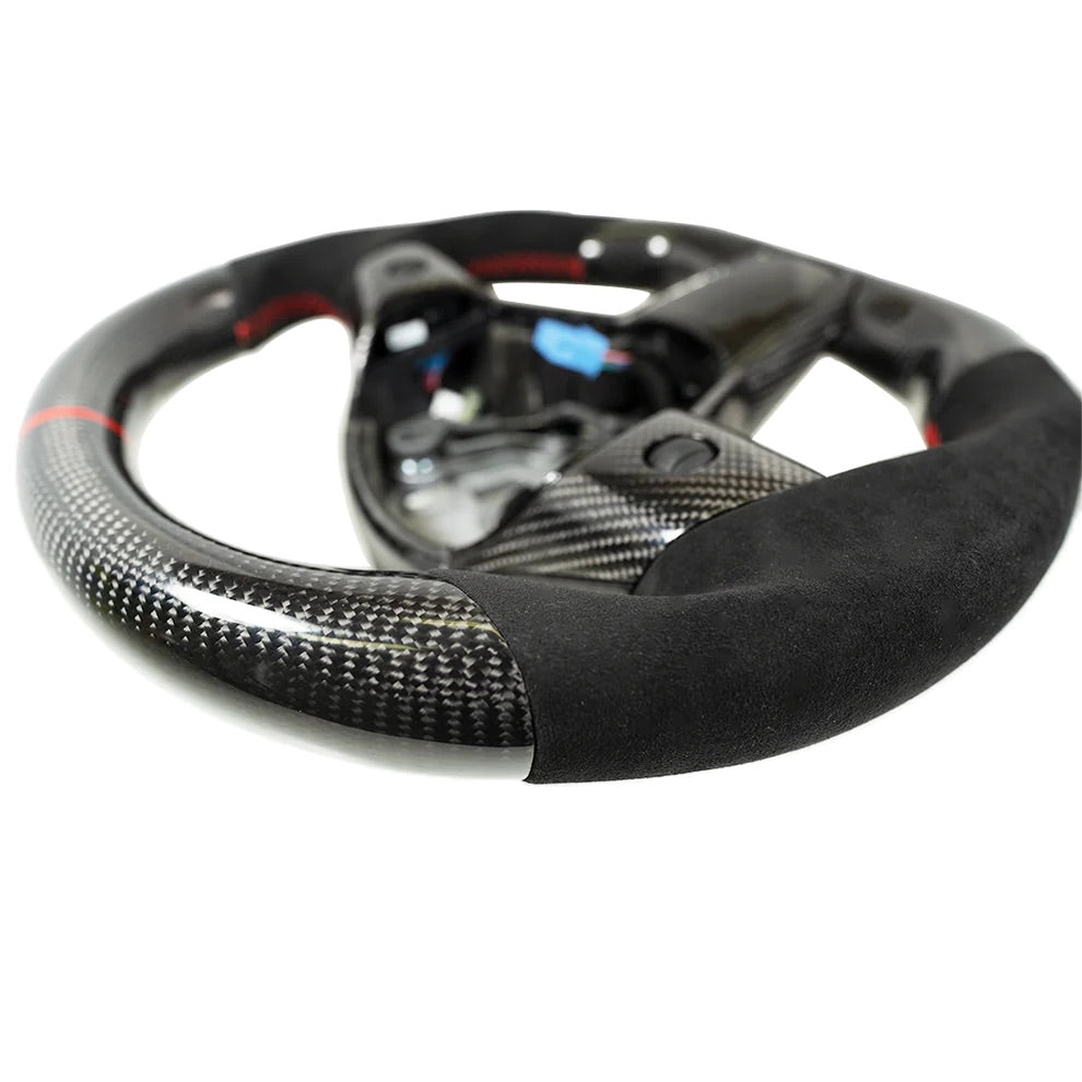 Carbone Prestige 2017-2023 Tesla Model 3 & Y Steering Wheel Black Alcantara and Carbon Fiber with Red Stripe