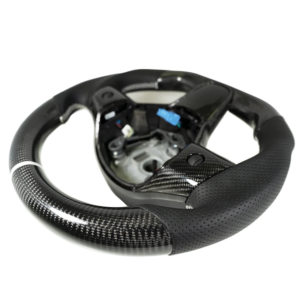 Carbone Prestige 2017-2023 Tesla Model 3 & Y Steering Wheel Black Leather and Carbon Fiber with White Stripe