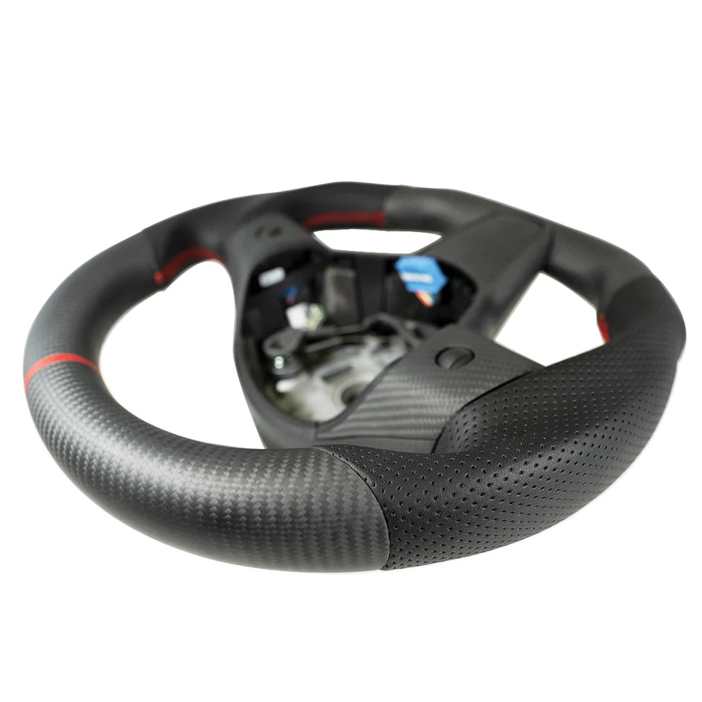 Carbone Prestige 2017-2023 Tesla Model 3 & Y Steering Wheel Black Leather and Matte Carbon Fiber with Red Stripe
