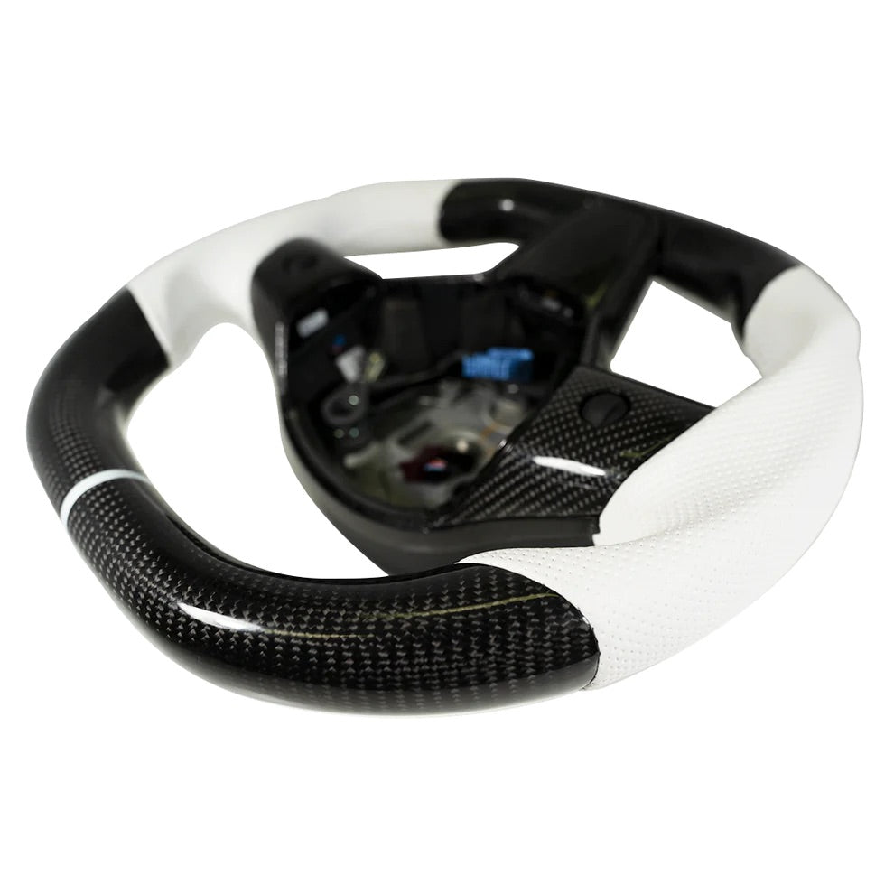 Carbone Prestige 2017-2023 Tesla Model 3 & Y Steering Wheel White Leather and Carbon Fiber with White Stripe (Flat Top)