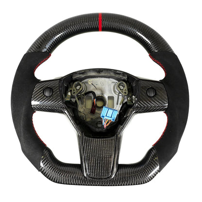 Carbone Prestige 2017-2023 Tesla Model 3 & Y Steering Wheel Black Alcantara and Carbon Fiber with Red Stripe