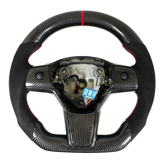 Carbone Prestige 2017-2023 Tesla Model 3 & Y Steering Wheel Black Alcantara and Carbon Fiber with Red Stripe
