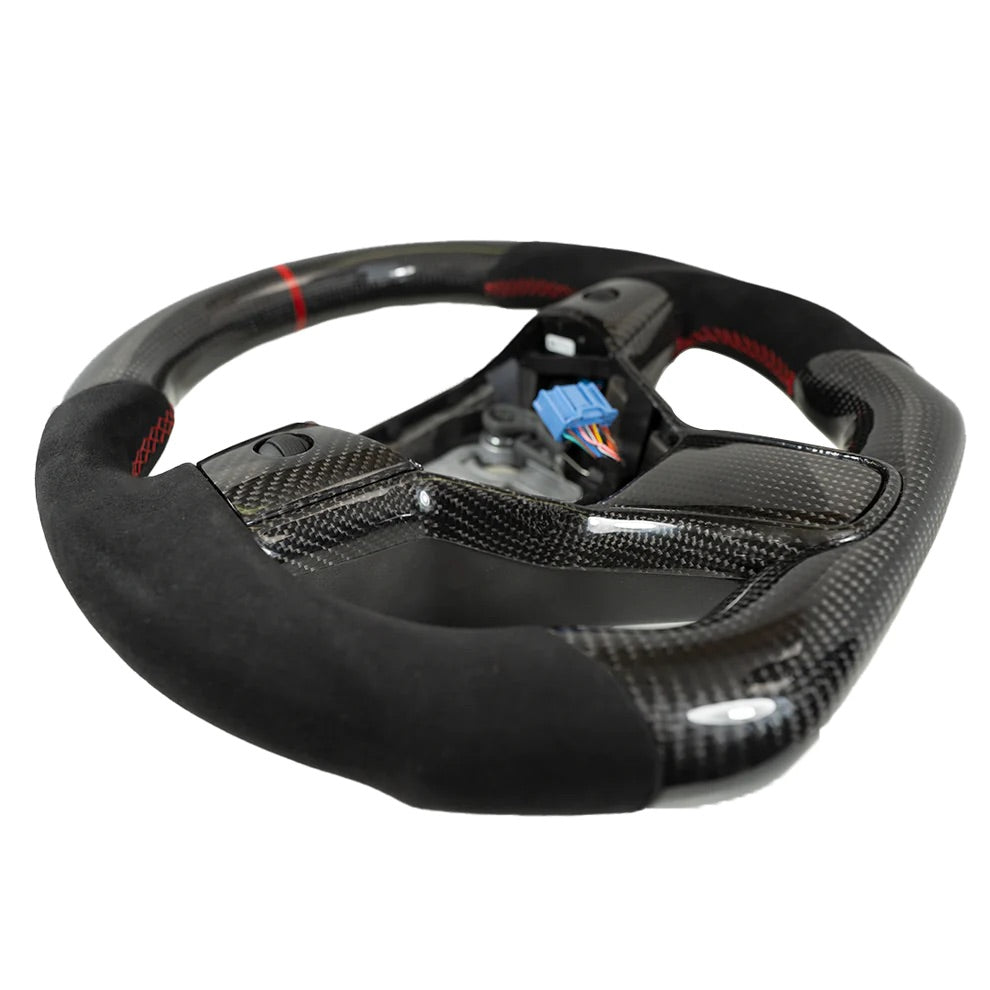 Carbone Prestige 2017-2023 Tesla Model 3 & Y Steering Wheel Black Alcantara and Carbon Fiber with Red Stripe