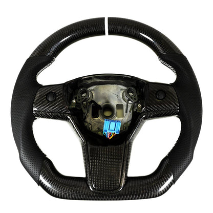 Carbone Prestige 2017-2023 Tesla Model 3 & Y Steering Wheel Black Leather and Carbon Fiber with White Stripe