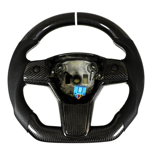 Carbone Prestige 2017-2023 Tesla Model 3 & Y Steering Wheel Black Leather and Carbon Fiber with White Stripe