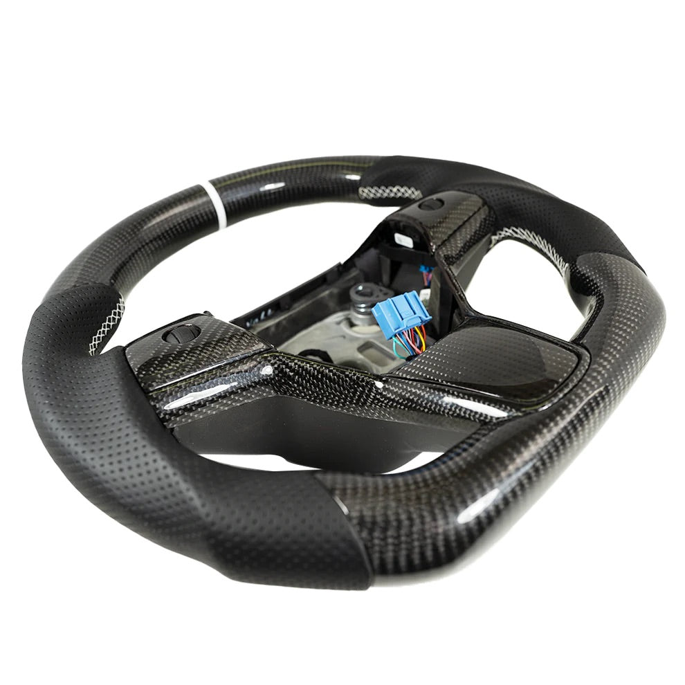 Carbone Prestige 2017-2023 Tesla Model 3 & Y Steering Wheel Black Leather and Carbon Fiber with White Stripe