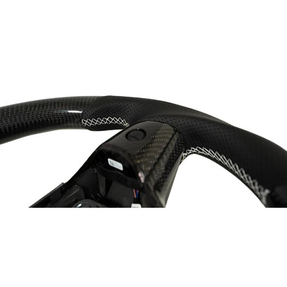 Carbone Prestige 2017-2023 Tesla Model 3 & Y Steering Wheel Black Leather and Carbon Fiber with White Stripe