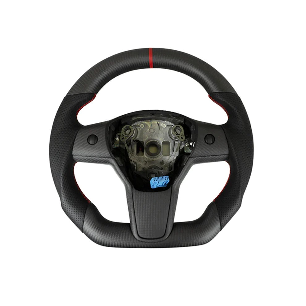 Carbone Prestige 2017-2023 Tesla Model 3 & Y Steering Wheel Black Leather and Matte Carbon Fiber with Red Stripe