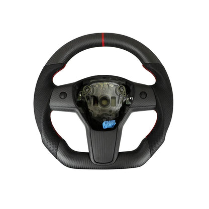 Carbone Prestige 2017-2023 Tesla Model 3 & Y Steering Wheel Black Leather and Matte Carbon Fiber with Red Stripe