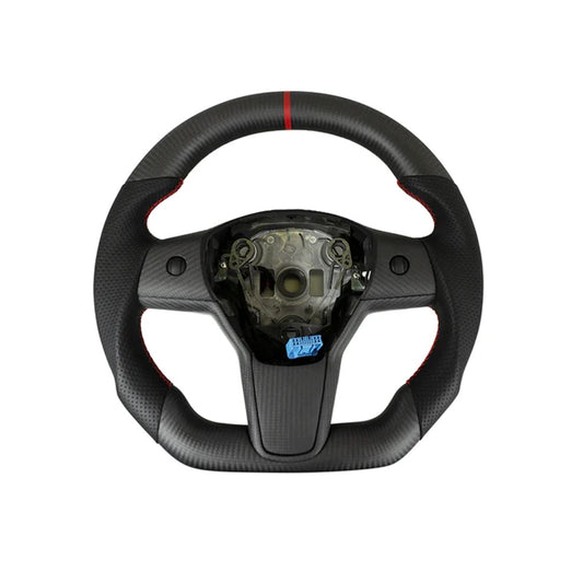 Carbone Prestige 2017-2023 Tesla Model 3 & Y Steering Wheel Black Leather and Matte Carbon Fiber with Red Stripe