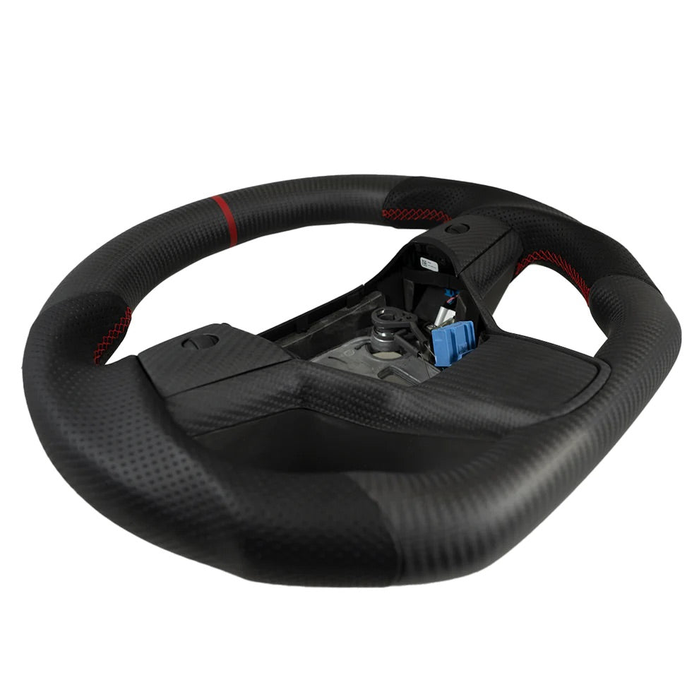 Carbone Prestige 2017-2023 Tesla Model 3 & Y Steering Wheel Black Leather and Matte Carbon Fiber with Red Stripe
