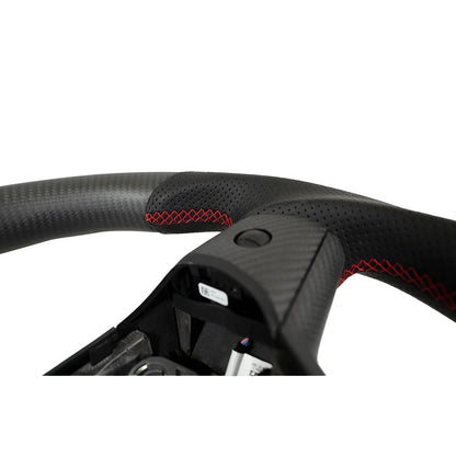 Carbone Prestige 2017-2023 Tesla Model 3 & Y Steering Wheel Black Leather and Matte Carbon Fiber with Red Stripe