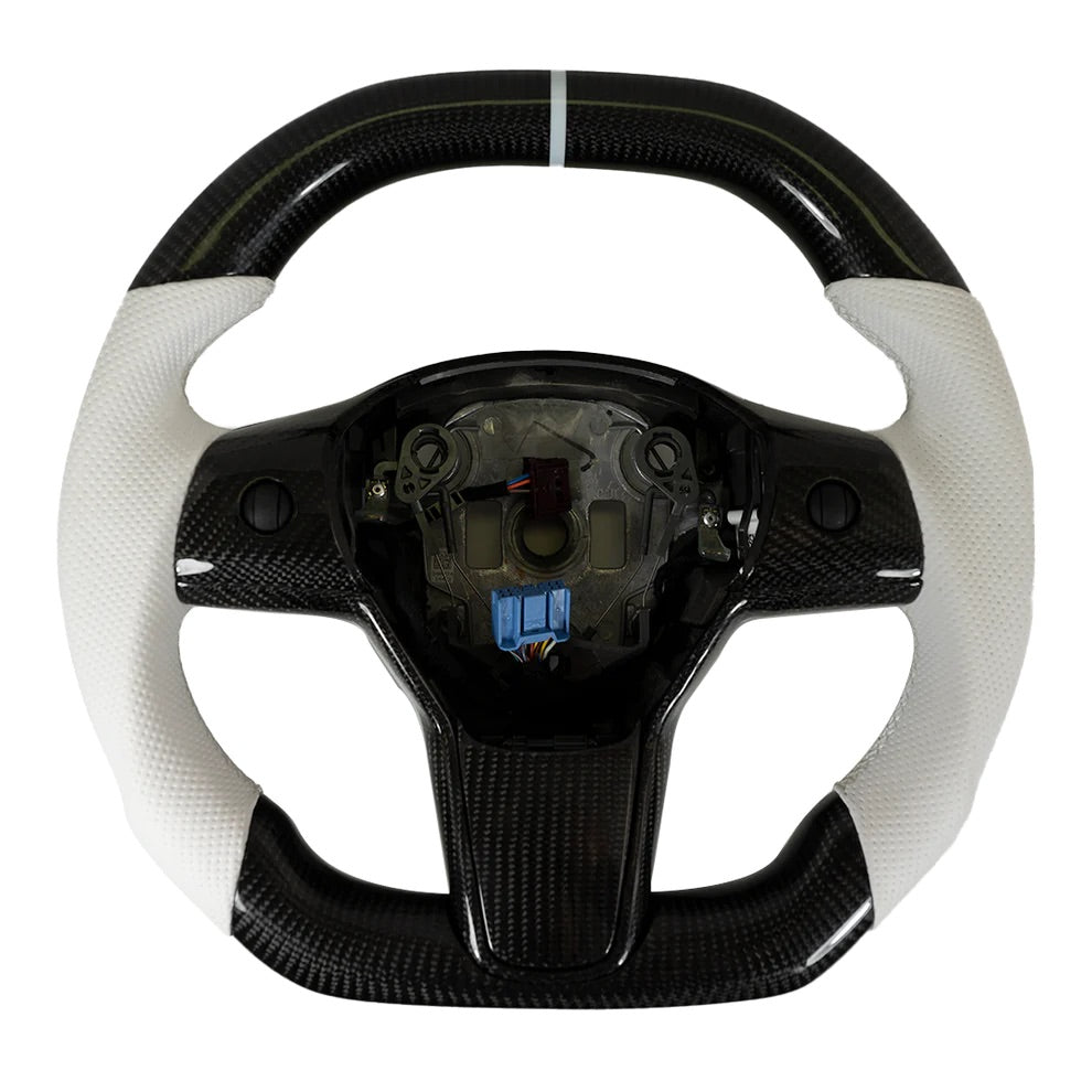 Carbone Prestige 2017-2023 Tesla Model 3 & Y Steering Wheel White Leather and Carbon Fiber with White Stripe (Flat Top)