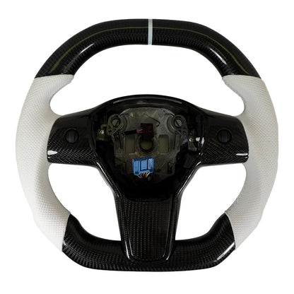 Carbone Prestige 2017-2023 Tesla Model 3 & Y Steering Wheel White Leather and Carbon Fiber with White Stripe (Flat Top)