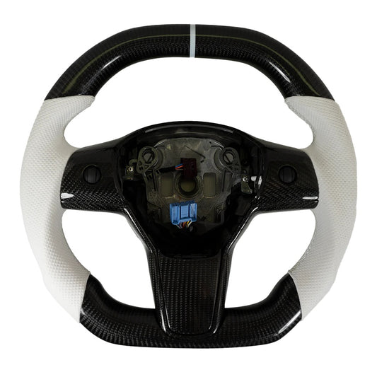 Carbone Prestige 2017-2023 Tesla Model 3 & Y Steering Wheel White Leather and Carbon Fiber with White Stripe (Flat Top)