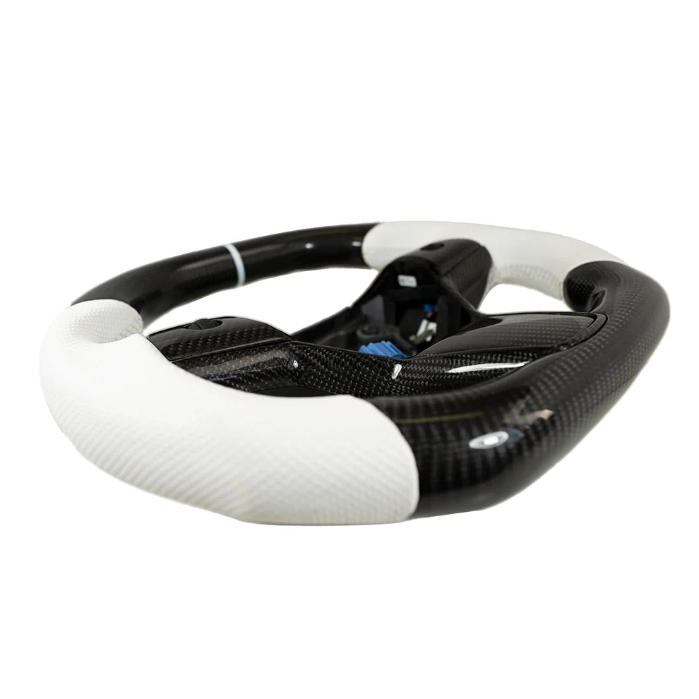 Carbone Prestige 2017-2023 Tesla Model 3 & Y Steering Wheel White Leather and Carbon Fiber with White Stripe (Flat Top)
