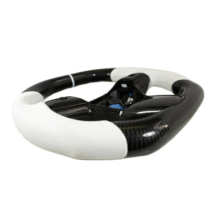 Carbone Prestige 2017-2023 Tesla Model 3 & Y Steering Wheel White Leather and Carbon Fiber with White Stripe (Flat Top)