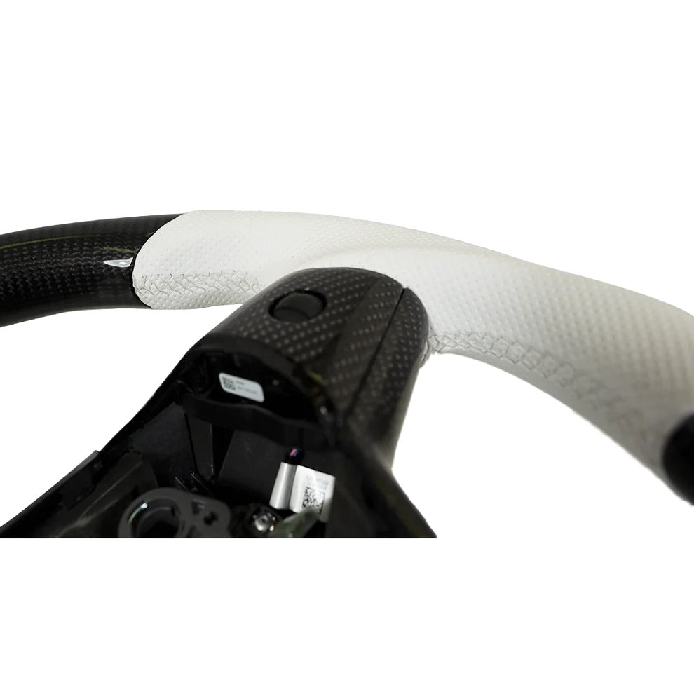 Carbone Prestige 2017-2023 Tesla Model 3 & Y Steering Wheel White Leather and Carbon Fiber with White Stripe (Flat Top)